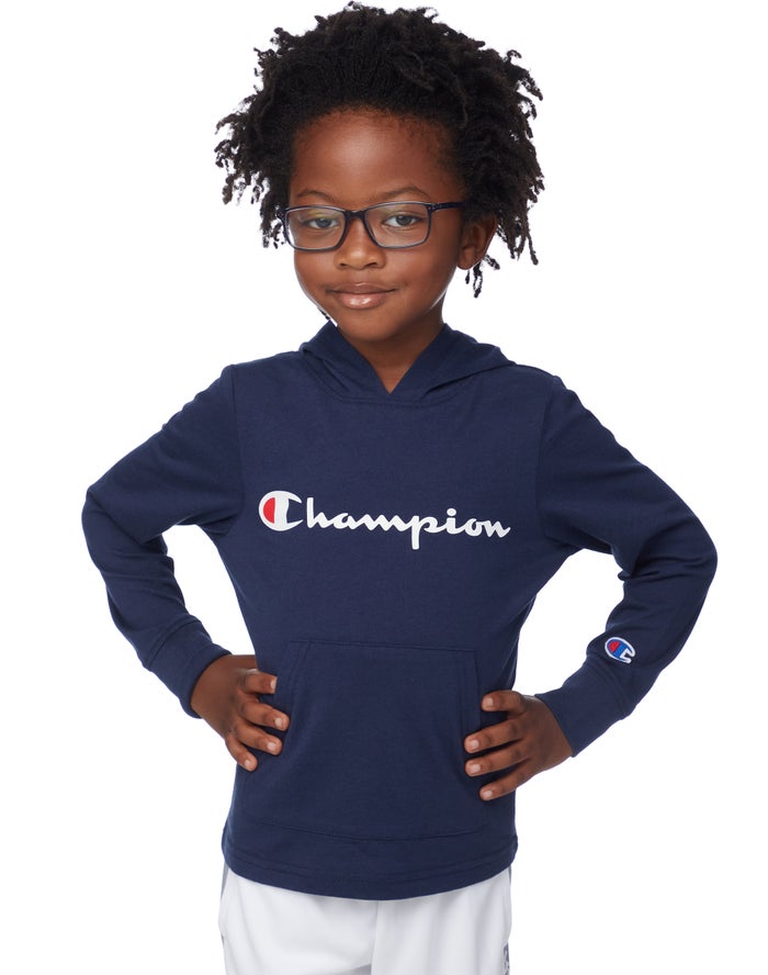 Champion T-Shirt Script Logo Erkek Çocuk Kapşonlu Sweatshirt Lacivert ( LQPXVB972 )